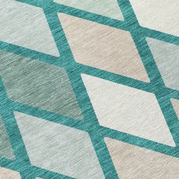 8' Teal Blue Ivory And Beige Round Geometric Washable Indoor Outdoor Area Rug