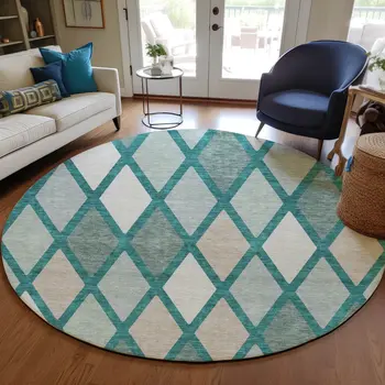 8' Teal Blue Ivory And Beige Round Geometric Washable Indoor Outdoor Area Rug