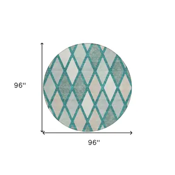 8' Teal Blue Ivory And Beige Round Geometric Washable Indoor Outdoor Area Rug