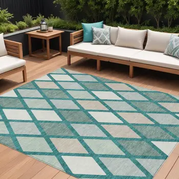 8' X 10' Teal Blue Ivory And Beige Geometric Washable Indoor Outdoor Area Rug