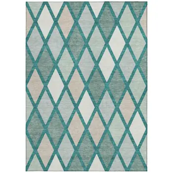 9' X 12' Teal Blue Ivory And Beige Geometric Washable Indoor Outdoor Area Rug