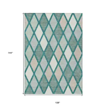 9' X 12' Teal Blue Ivory And Beige Geometric Washable Indoor Outdoor Area Rug