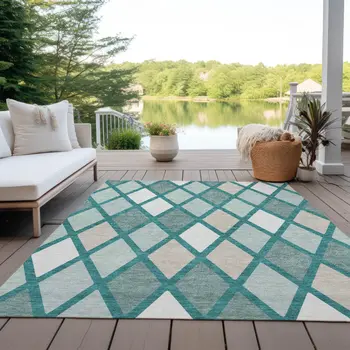 9' X 12' Teal Blue Ivory And Beige Geometric Washable Indoor Outdoor Area Rug