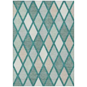 9' X 12' Teal Blue Ivory And Beige Geometric Washable Indoor Outdoor Area Rug