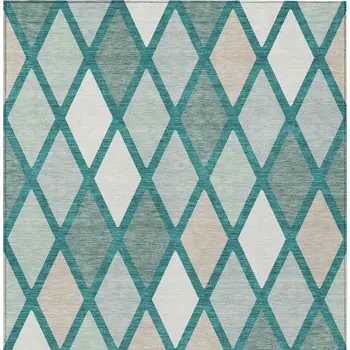 9' X 12' Teal Blue Ivory And Beige Geometric Washable Indoor Outdoor Area Rug