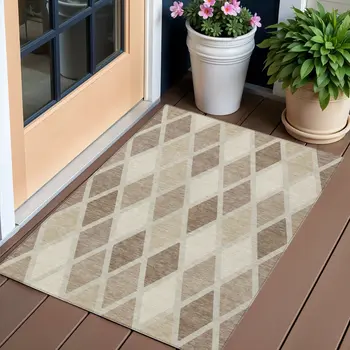 3' X 5' Taupe Beige And Ivory Geometric Washable Indoor Outdoor Area Rug