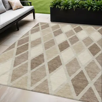 5' X 8' Taupe Beige And Ivory Geometric Washable Indoor Outdoor Area Rug