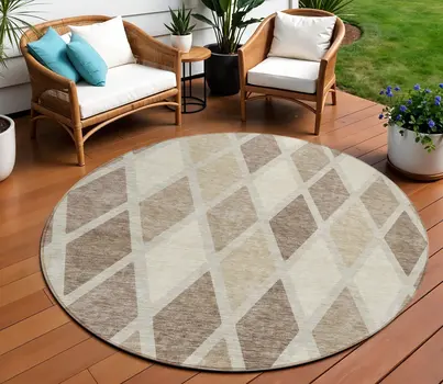 8' Taupe Beige And Ivory Round Geometric Washable Indoor Outdoor Area Rug