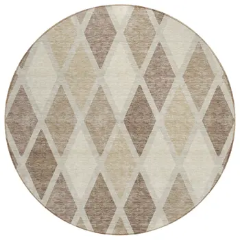 8' Taupe Beige And Ivory Round Geometric Washable Indoor Outdoor Area Rug