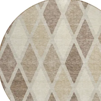 8' Taupe Beige And Ivory Round Geometric Washable Indoor Outdoor Area Rug