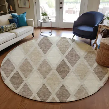 8' Taupe Beige And Ivory Round Geometric Washable Indoor Outdoor Area Rug