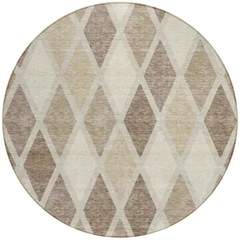 8' Taupe Beige And Ivory Round Geometric Washable Indoor Outdoor Area Rug