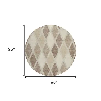 8' Taupe Beige And Ivory Round Geometric Washable Indoor Outdoor Area Rug