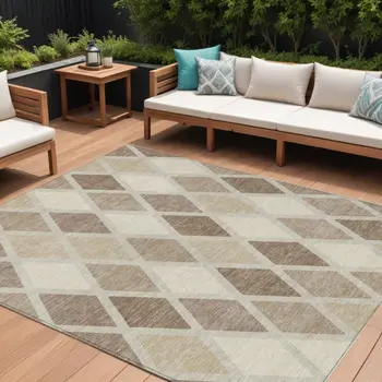 10' X 14' Taupe Beige And Ivory Geometric Washable Indoor Outdoor Area Rug