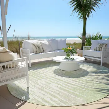 8' Artichoke Green And Ivory Round Striped Washable Indoor Outdoor Area Rug