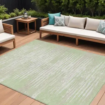 9' X 12' Artichoke Green And Ivory Striped Washable Indoor Outdoor Area Rug