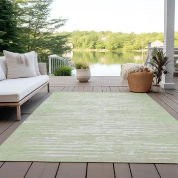 9' X 12' Artichoke Green And Ivory Striped Washable Indoor Outdoor Area Rug