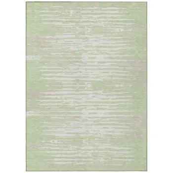 9' X 12' Artichoke Green And Ivory Striped Washable Indoor Outdoor Area Rug