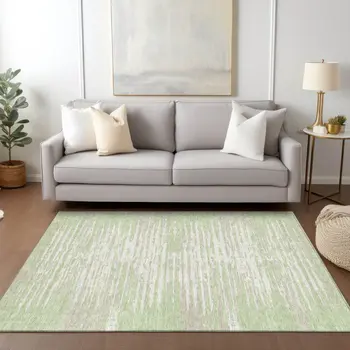 10' X 14' Artichoke Green And Ivory Striped Washable Indoor Outdoor Area Rug