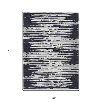 3' X 5' Black Gray And Ivory Striped Washable Indoor Outdoor Area Rug