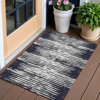 3' X 5' Black Gray And Ivory Striped Washable Indoor Outdoor Area Rug