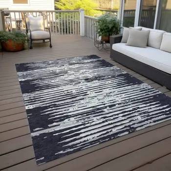 5' X 8' Black Gray And Ivory Striped Washable Indoor Outdoor Area Rug