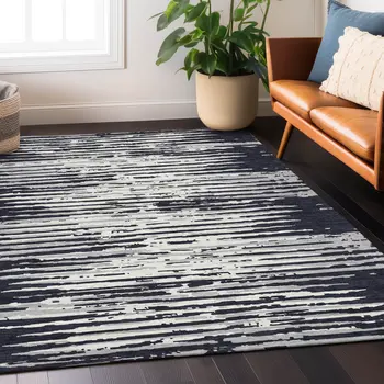 5' X 8' Black Gray And Ivory Striped Washable Indoor Outdoor Area Rug