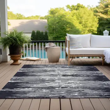 5' X 8' Black Gray And Ivory Striped Washable Indoor Outdoor Area Rug