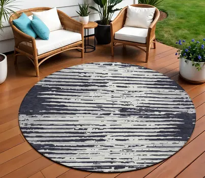 8' Black Gray And Ivory Round Striped Washable Indoor Outdoor Area Rug