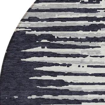 8' Black Gray And Ivory Round Striped Washable Indoor Outdoor Area Rug