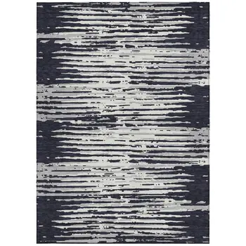 8' X 10' Black Gray And Ivory Striped Washable Indoor Outdoor Area Rug