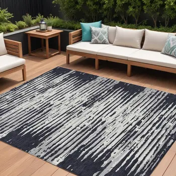 8' X 10' Black Gray And Ivory Striped Washable Indoor Outdoor Area Rug