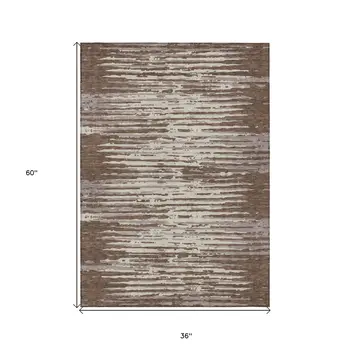 3' X 5' Brown Beige And Ivory Striped Washable Indoor Outdoor Area Rug