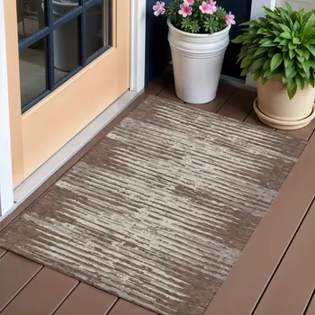 3' X 5' Brown Beige And Ivory Striped Washable Indoor Outdoor Area Rug