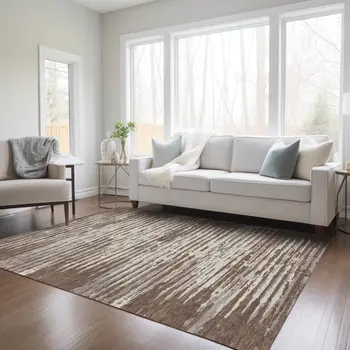 5' X 8' Brown Beige And Ivory Striped Washable Indoor Outdoor Area Rug