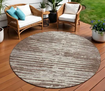 8' Brown Beige And Ivory Round Striped Washable Indoor Outdoor Area Rug