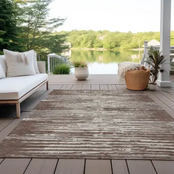 8' X 10' Brown Beige And Ivory Striped Washable Indoor Outdoor Area Rug