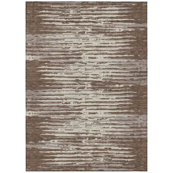 8' X 10' Brown Beige And Ivory Striped Washable Indoor Outdoor Area Rug