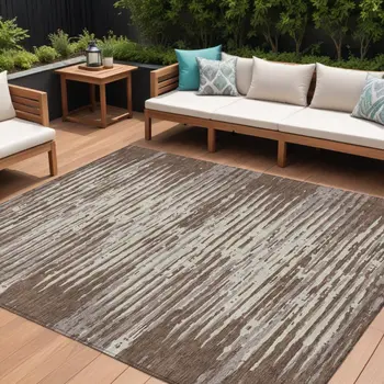 9' X 12' Brown Beige And Ivory Striped Washable Indoor Outdoor Area Rug