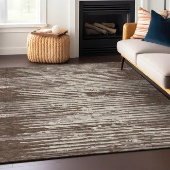 10' X 14' Brown Beige And Ivory Striped Washable Indoor Outdoor Area Rug