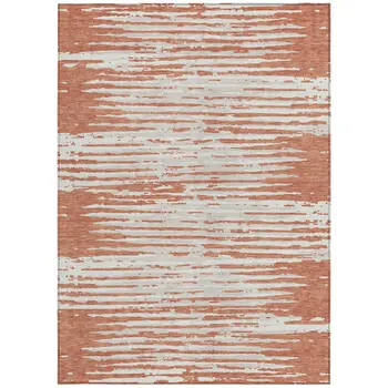 3' X 5' Coral And Ivory Striped Washable Indoor Outdoor Area Rug