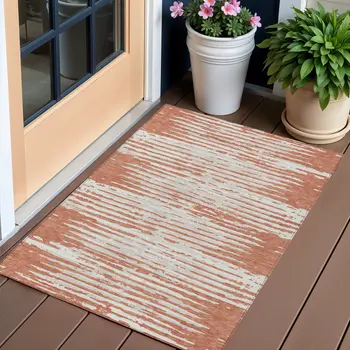 3' X 5' Coral And Ivory Striped Washable Indoor Outdoor Area Rug