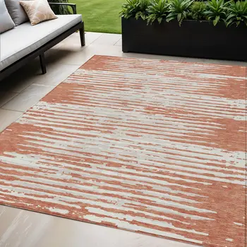 5' X 8' Coral And Ivory Striped Washable Indoor Outdoor Area Rug