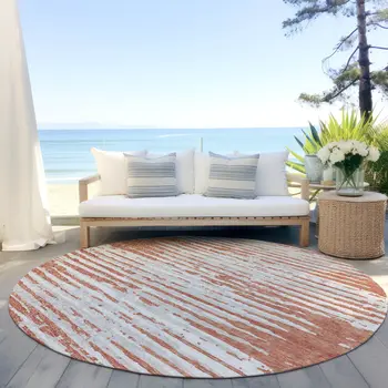 8' Coral And Ivory Round Striped Washable Indoor Outdoor Area Rug