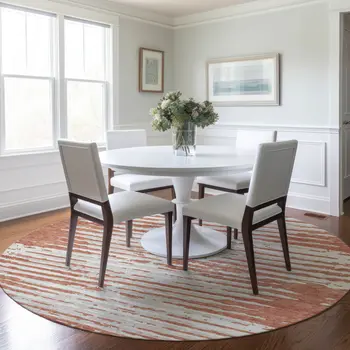 8' Coral And Ivory Round Striped Washable Indoor Outdoor Area Rug