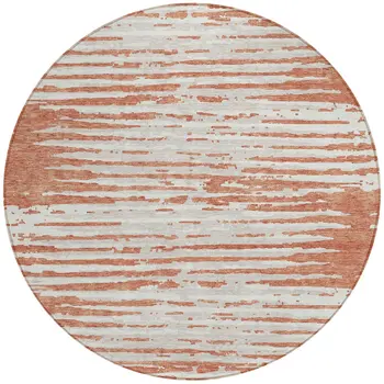 8' Coral And Ivory Round Striped Washable Indoor Outdoor Area Rug
