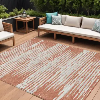 8' X 10' Coral And Ivory Striped Washable Indoor Outdoor Area Rug