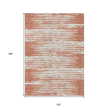 10' X 14' Coral And Ivory Striped Washable Indoor Outdoor Area Rug