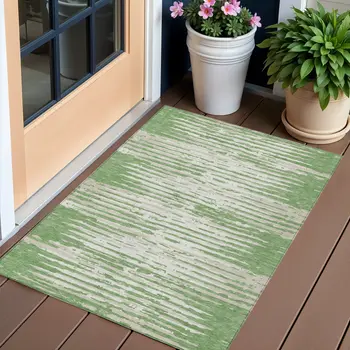 3' X 5' Green And Ivory Striped Washable Indoor Outdoor Area Rug