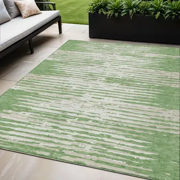 5' X 8' Green And Ivory Striped Washable Indoor Outdoor Area Rug